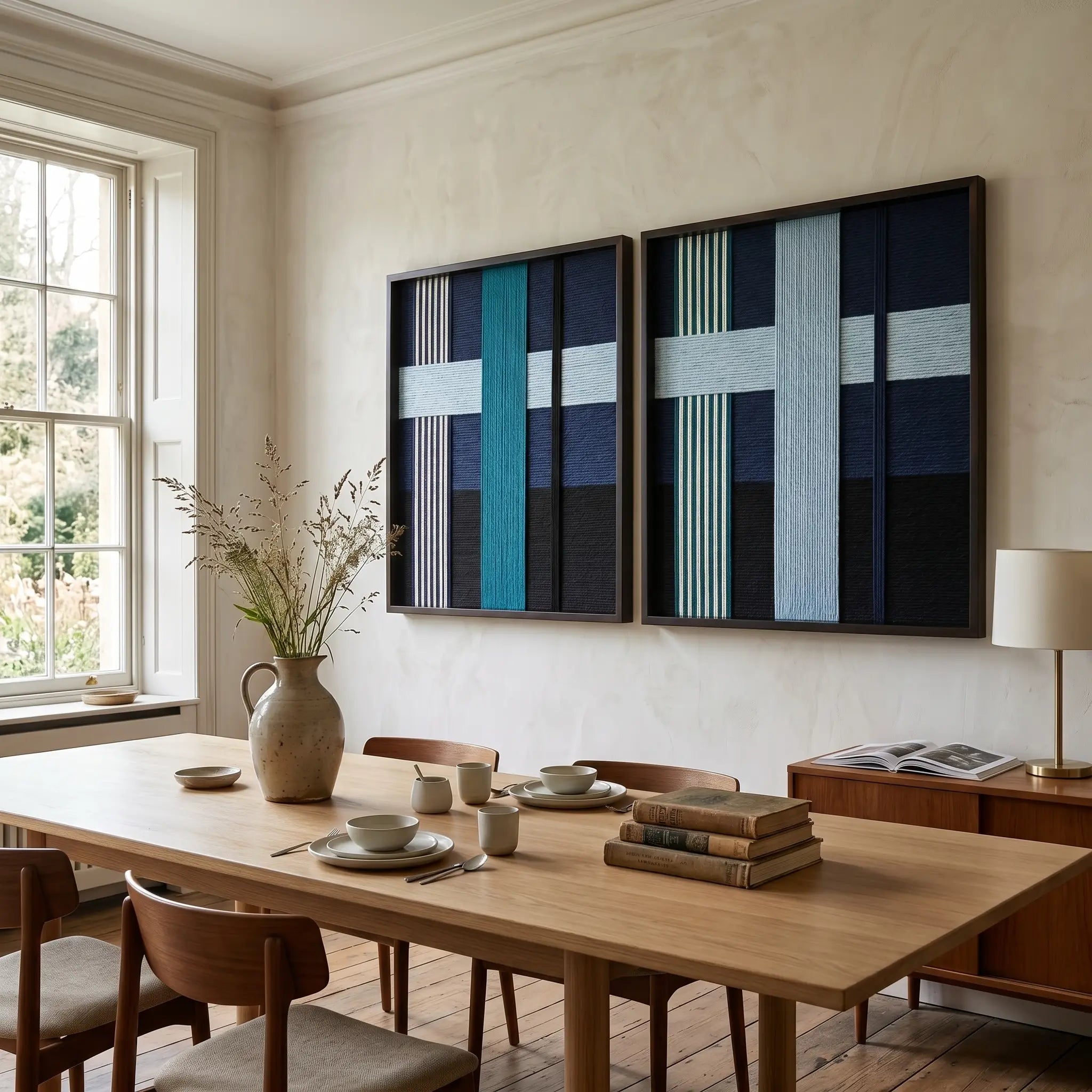 A pair of Glacial Stationeries hand-woven textile art pieces displayed elegantly above a light wooden dining table in a bright, modern dining room.