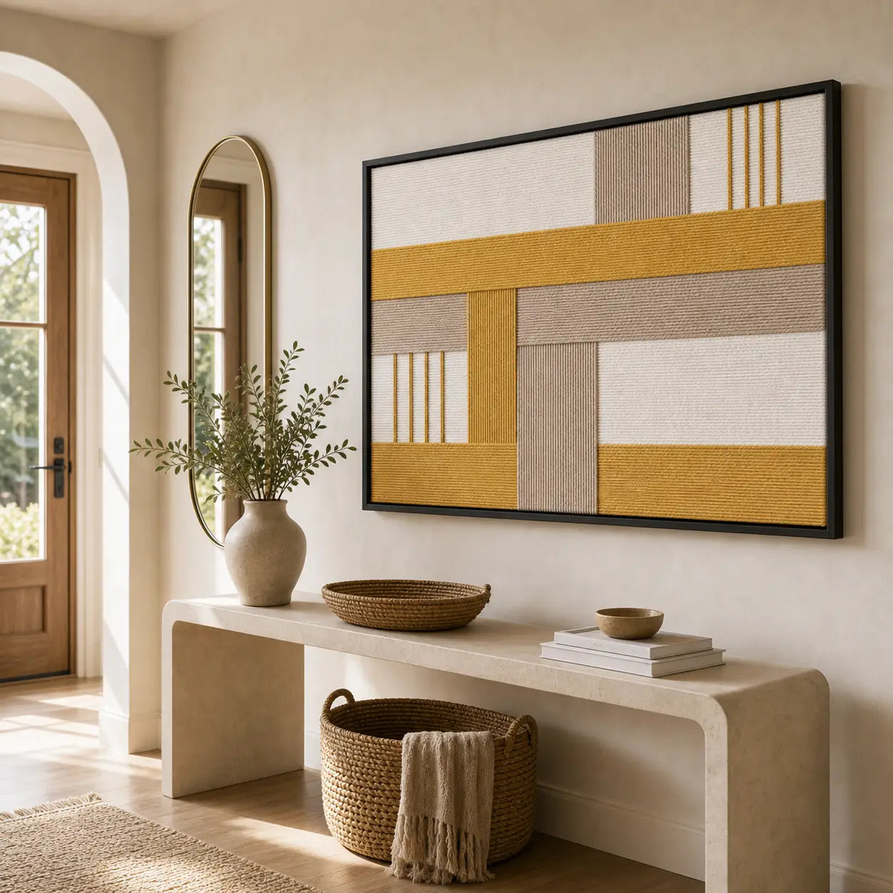 Striking Golden Interval framed wall art styled in a bright entryway hallway, hanging above a sleek modern console table.