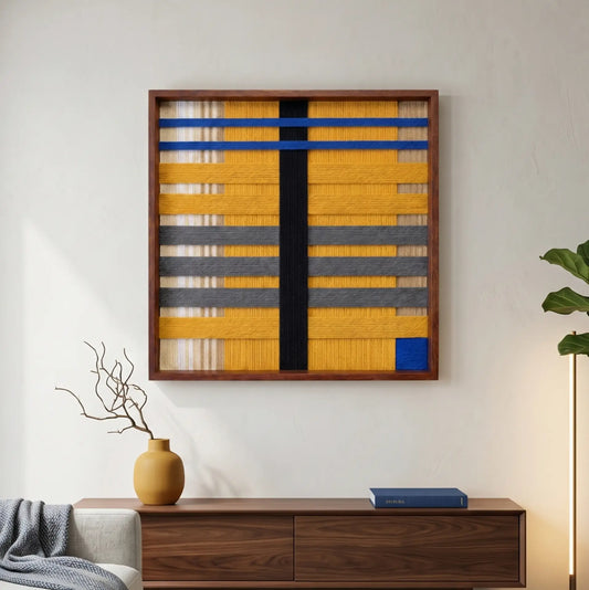 Framed mustard yellow and grey textured wool wall art styled above a mid-century modern wooden sideboard in a bright living space.