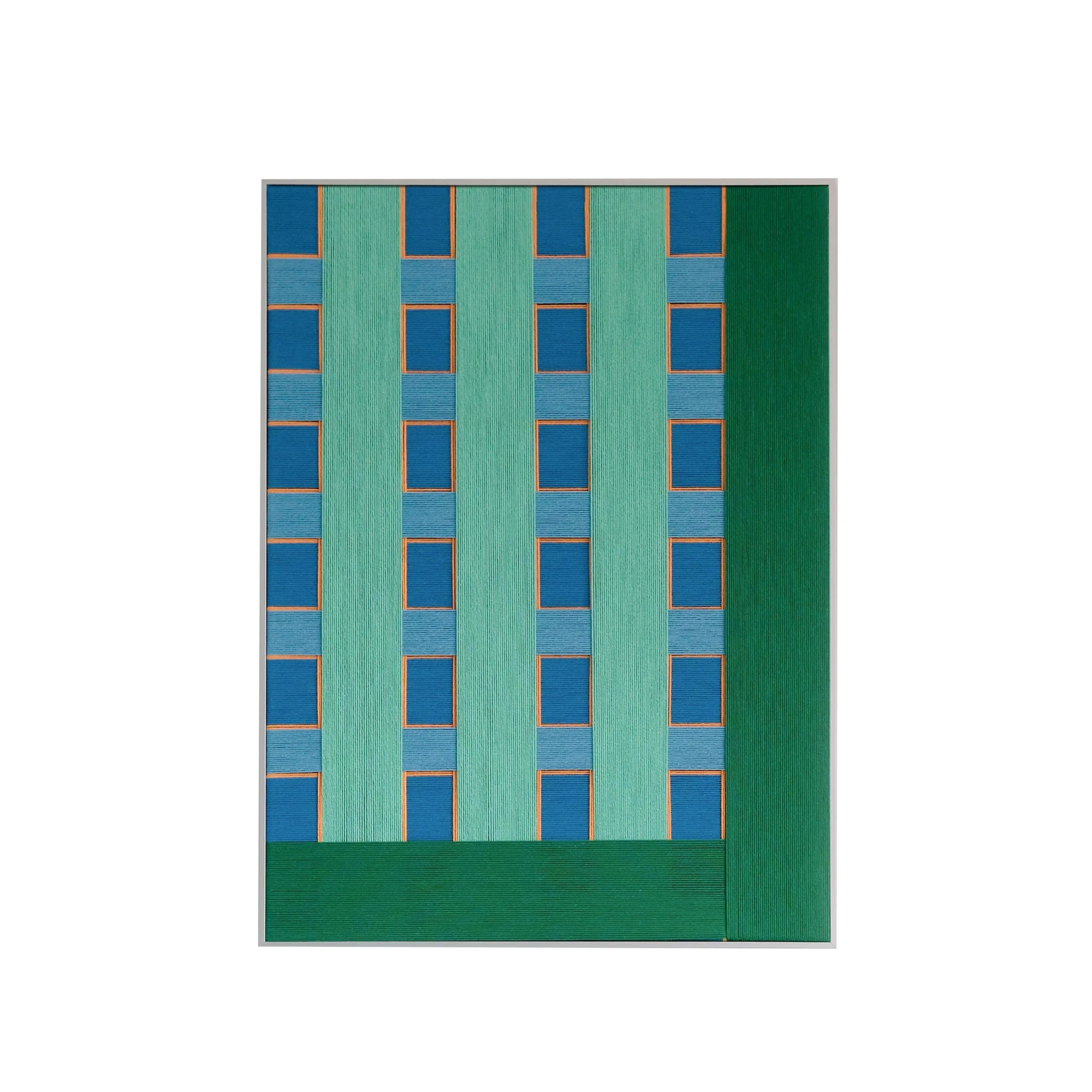 Studio front view of the vertical "Endless Summer in Hawaii" wool wall hanging, clearly displaying the structured geometric grid design and color blocking.