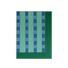 Studio front view of the vertical "Endless Summer in Hawaii" wool wall hanging, clearly displaying the structured geometric grid design and color blocking.