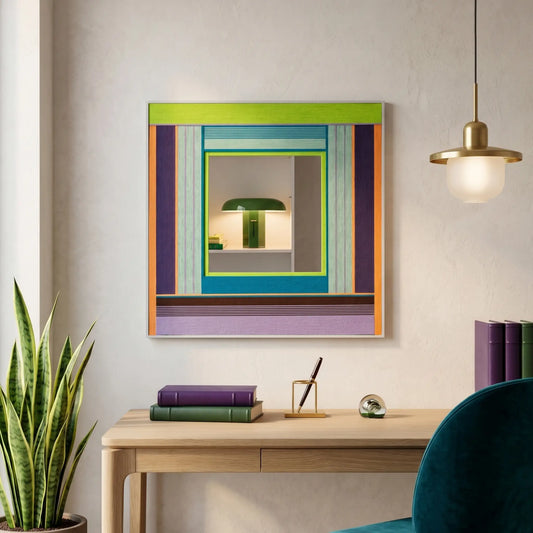 Large hand-woven wool wall art with green and purple geometric patterns hanging above a wooden desk in a modern office.
