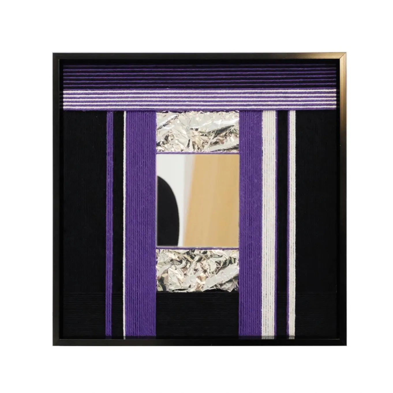 Front view of HOUTIAN yarn mirror wall art on a plain white background, showing exact square proportions and the clean purple-black stripe pattern.