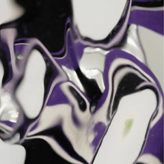 Macro view of the reflective panel in HOUTIAN mirror art capturing distorted mirror reflections against purple and black stripe backdrop.