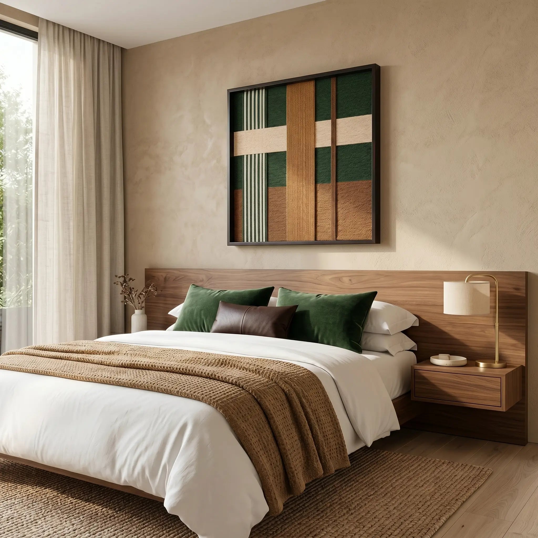 Hand-woven forest green and brown wool wall art styled in a serene bedroom as a focal point above the bed headboard.