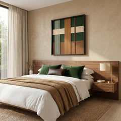Hand-woven forest green and brown wool wall art styled in a serene bedroom as a focal point above the bed headboard.