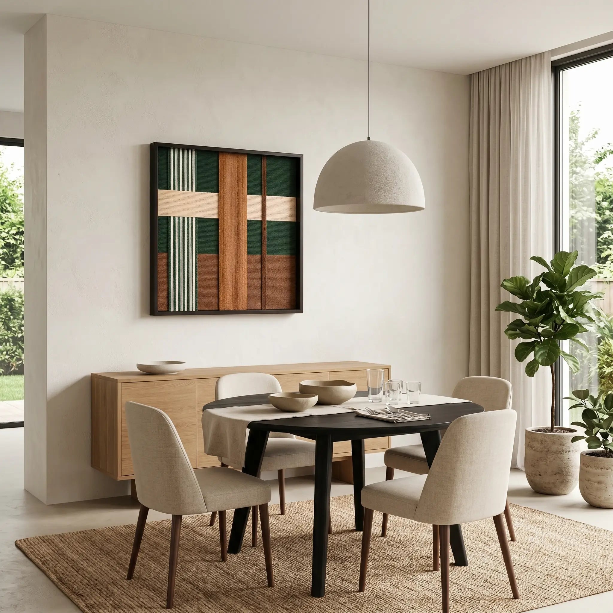 Modern earth-toned wool tapestry displayed in a contemporary dining room with light beige chairs and a minimalist pendant light.