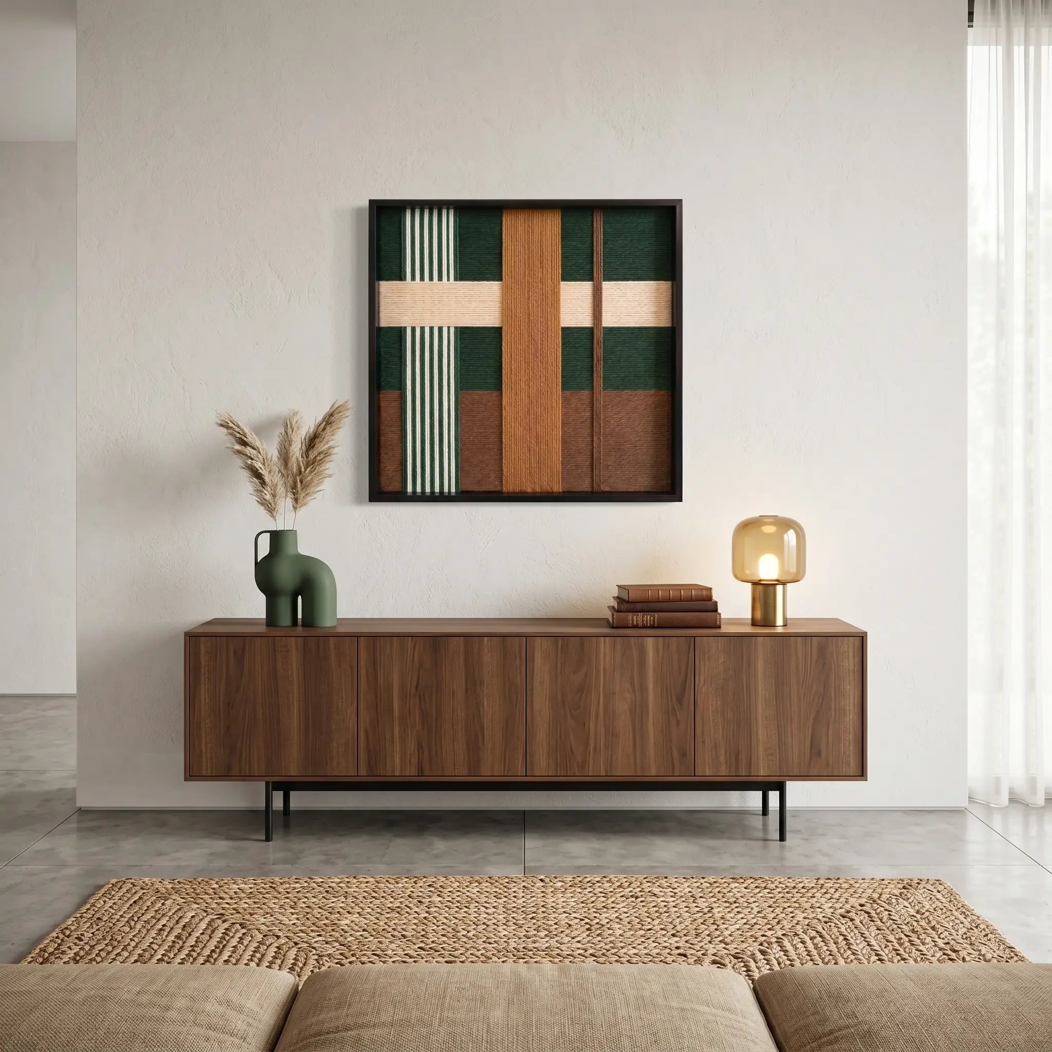 Large square Jade Manor fiber wall art featuring forest green and oak-toned hand-woven wool patterns hanging above a mid-century modern walnut sideboard.
