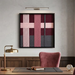 Large square Lilac Whispers fiber wall art with plum, mauve, and charcoal hand-woven wool patterns hanging in a sophisticated home office above a walnut desk.