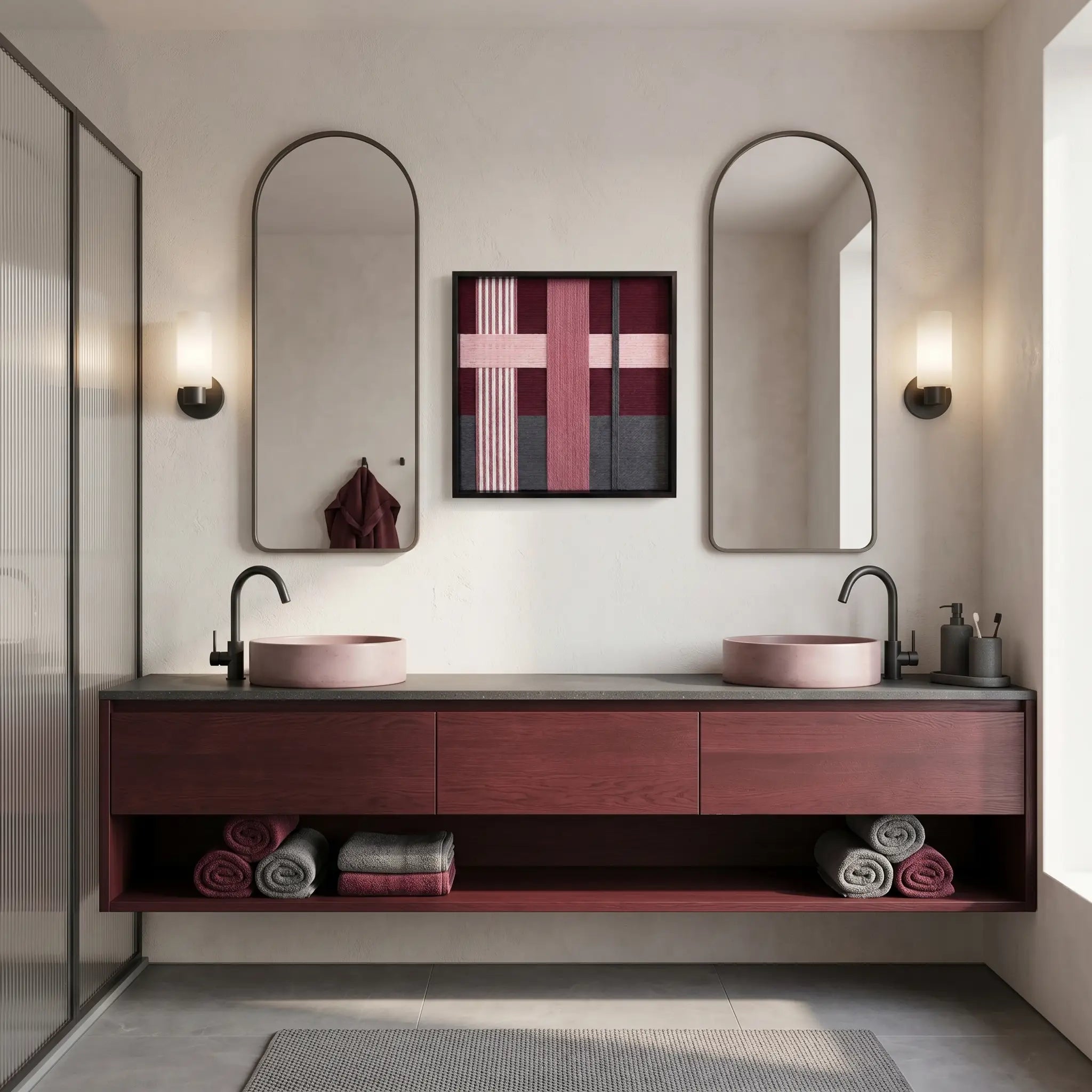Modern plum and mauve textured wool wall art styled in a luxury bathroom with a burgundy floating vanity and twin oval mirrors.