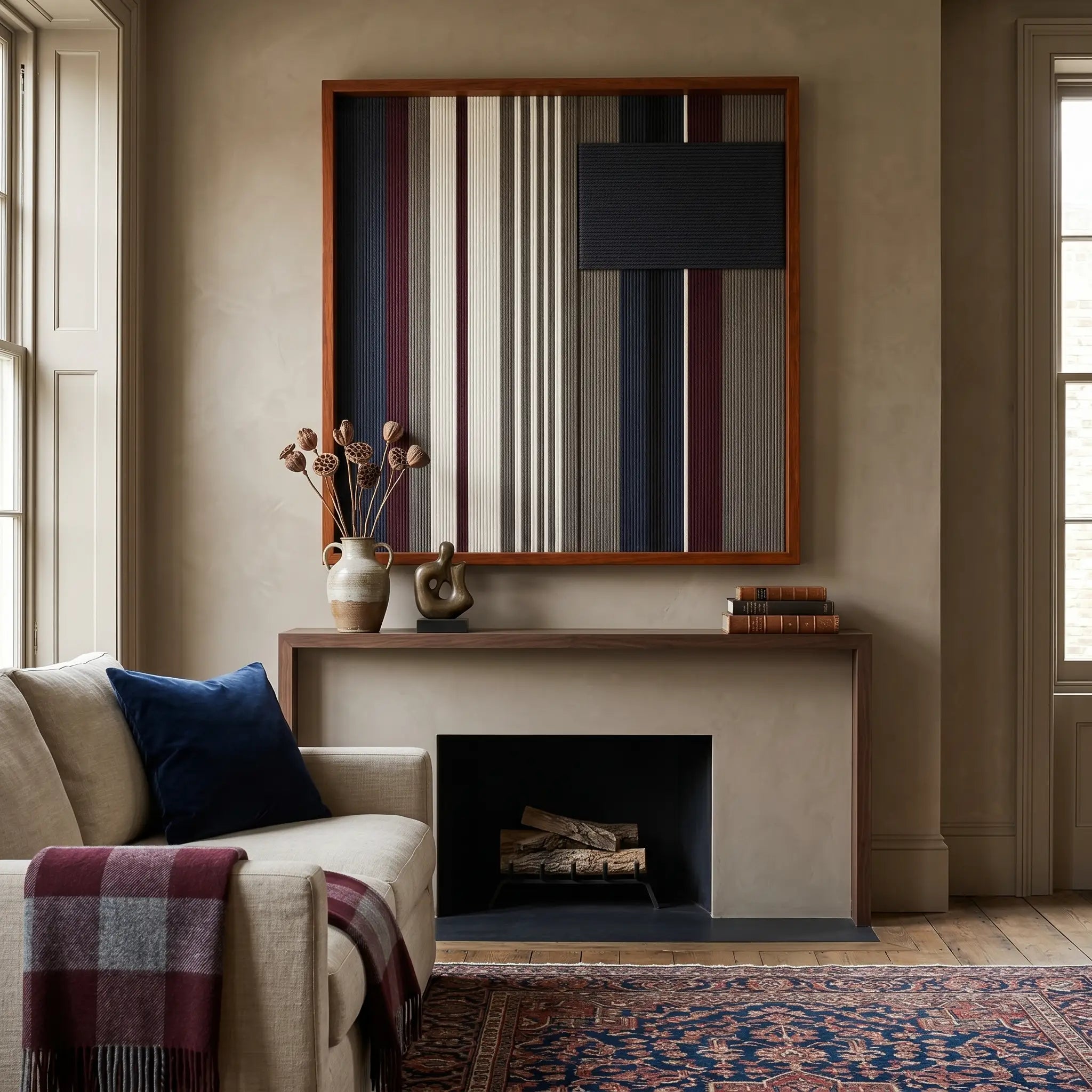 Striking square hand-woven wool tapestry positioned perfectly above a modern fireplace mantel in a cozy living room setting.