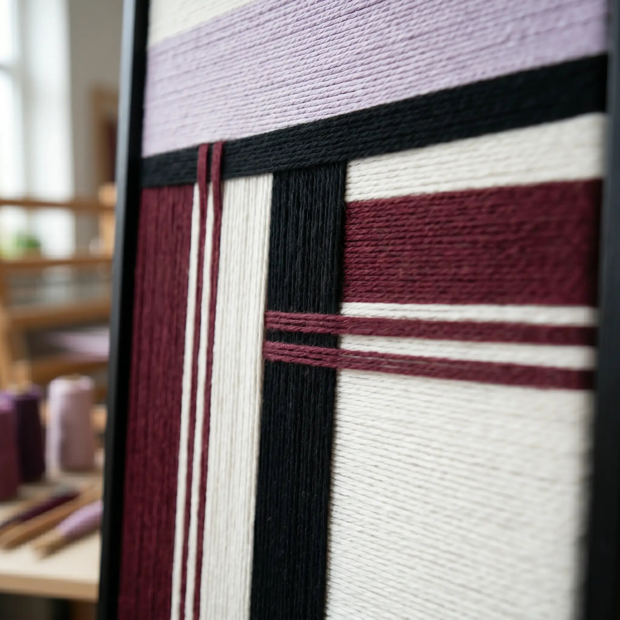 An angled close-up view of the framed fiber art in a studio, showcasing the dimensional layering of the lavender and maroon wool.