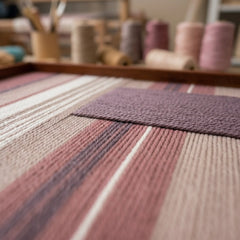 Extreme low-angle macro shot of the Midnight Plum hand-woven textile art lying flat in a studio, highlighting the textured dark plum patch over mauve, pink, and beige yarn stripes.
