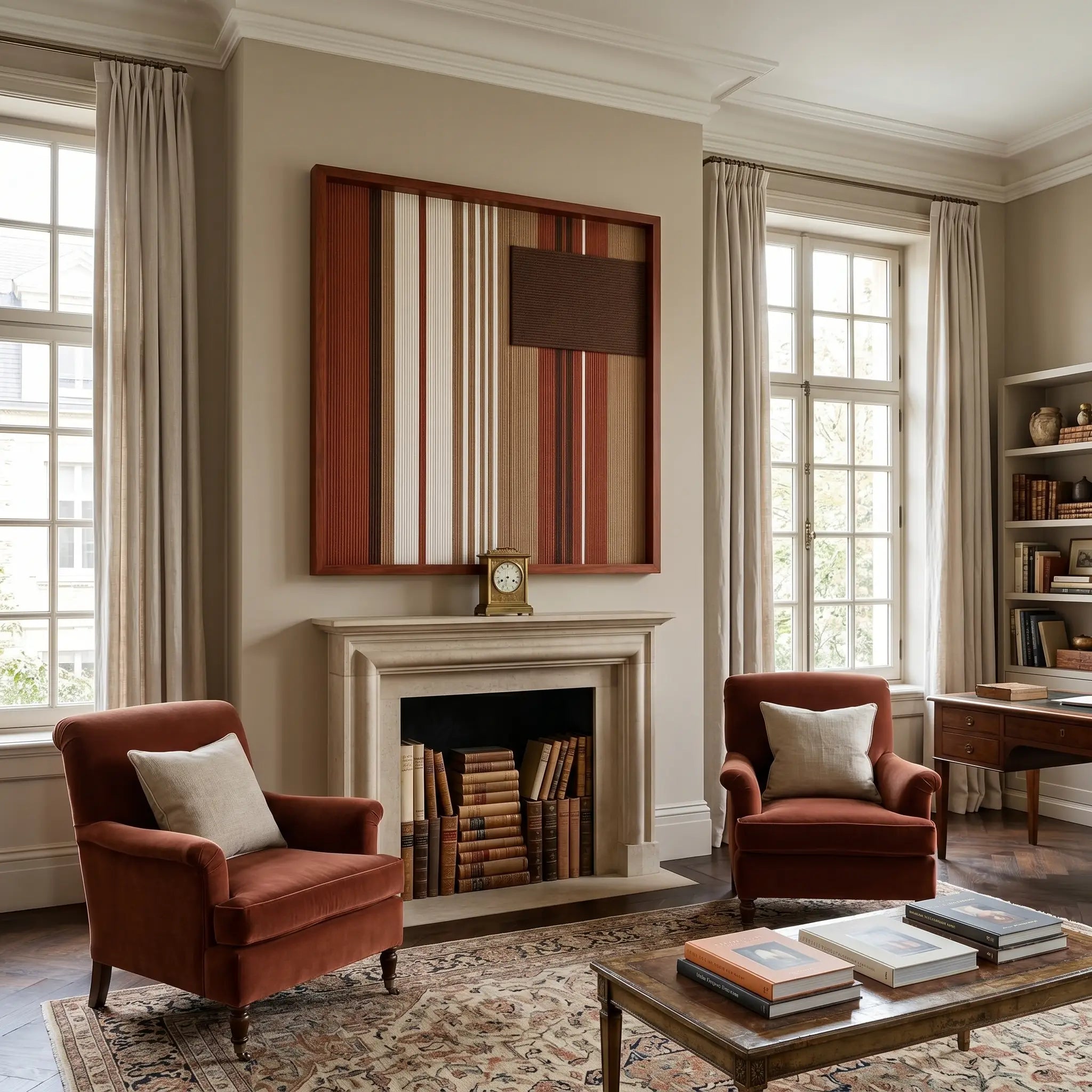 Striking square hand-woven wool tapestry positioned perfectly above a classic fireplace mantel in a bright living room featuring two rust-colored armchairs.