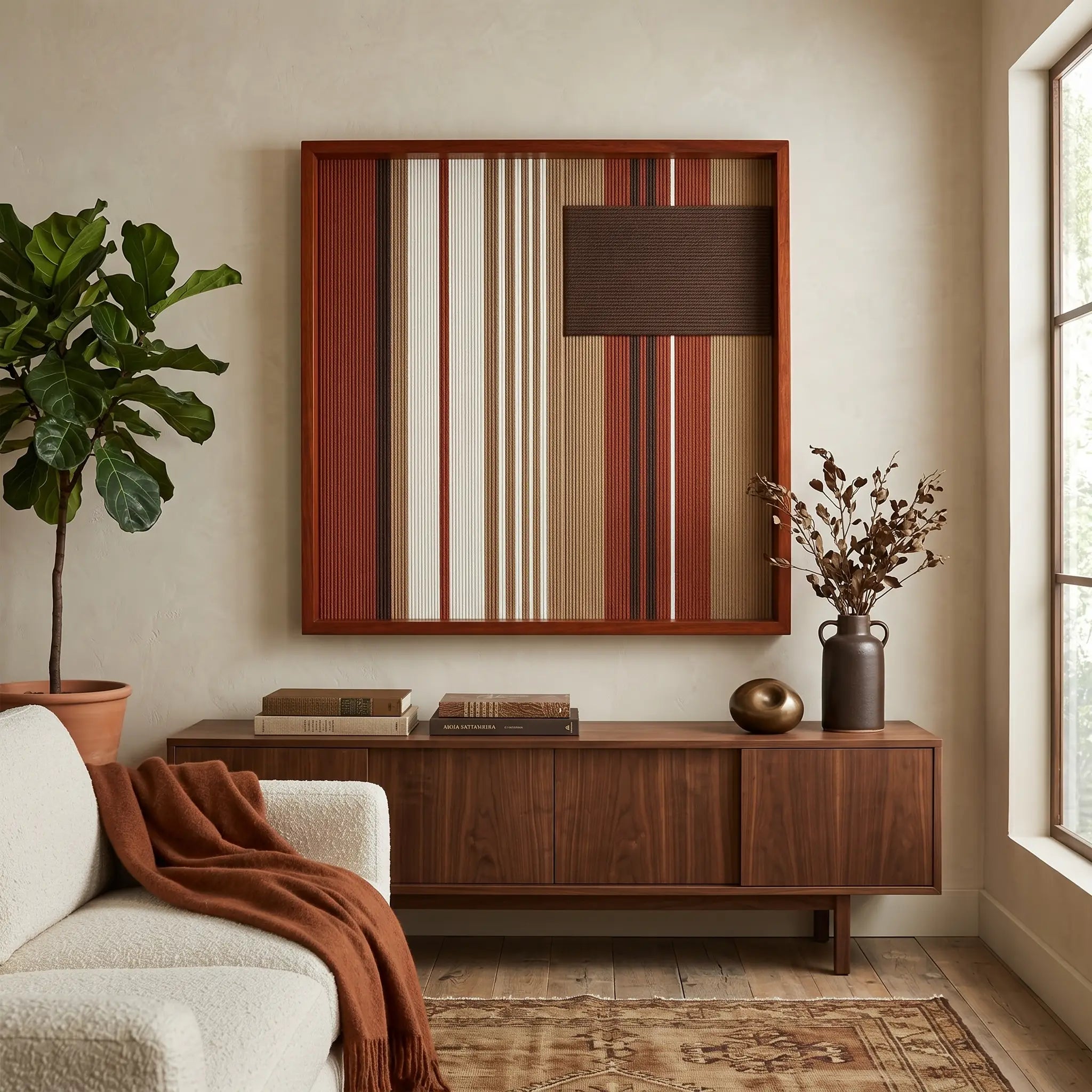 The Mocha Prelude earth-toned hand-woven wool tapestry provides a warm focal point over a dark wood credenza behind a beige sofa draped with a rust-colored throw blanket.