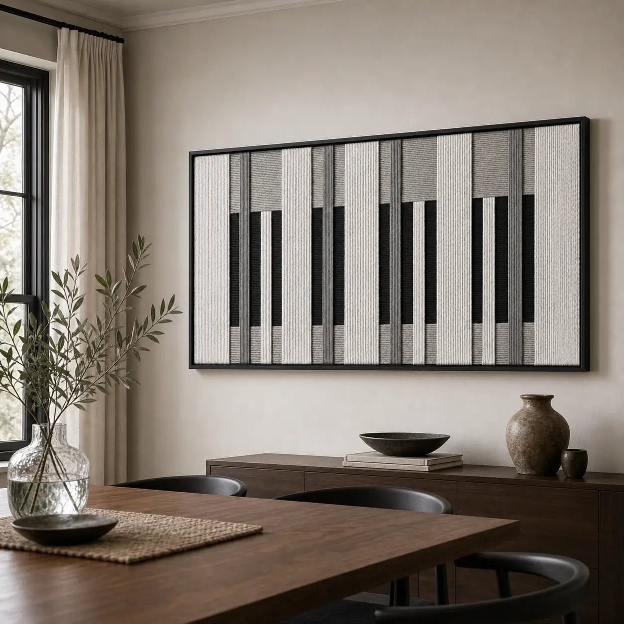 The striking black and white hand-woven wool tapestry provides a dramatic focal point over a dark wooden dining table in a bright dining room.