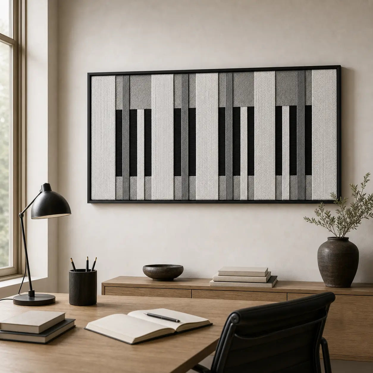 The Monochrome Tempo framed wall art styled in a serene home office space, hanging above a minimal wooden desk with a modern black lamp.