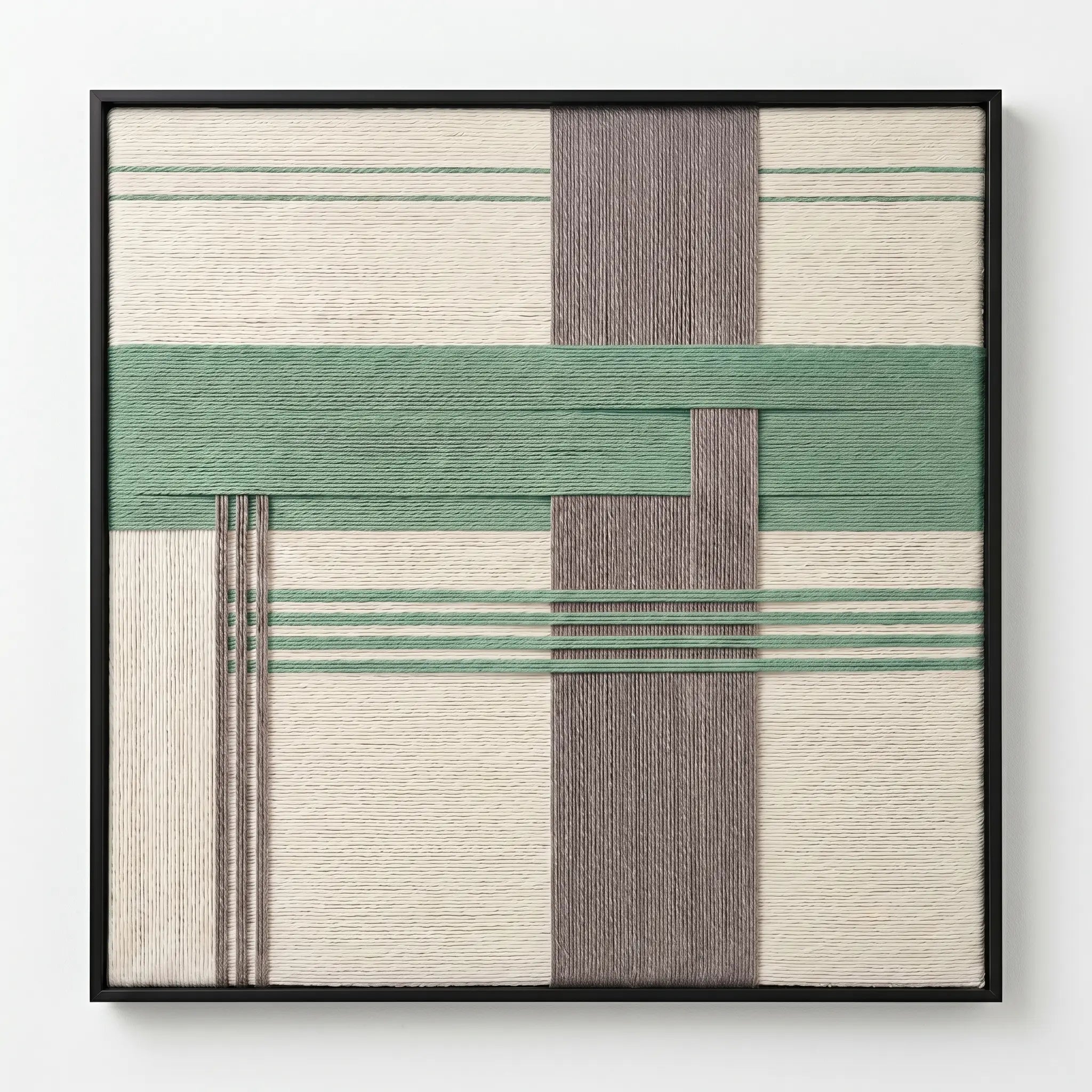 Frontal studio shot of the Muted Spring hand-woven wool wall art featuring sage green, grey, and cream geometric patterns in a black frame against a clean white background.