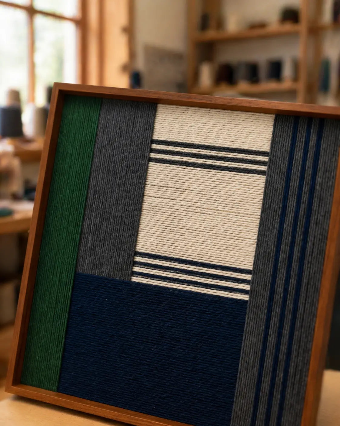 Perspective view of the fiber art in an artist studio, showcasing the dimensional depth and craftsmanship of the woven wool threads.