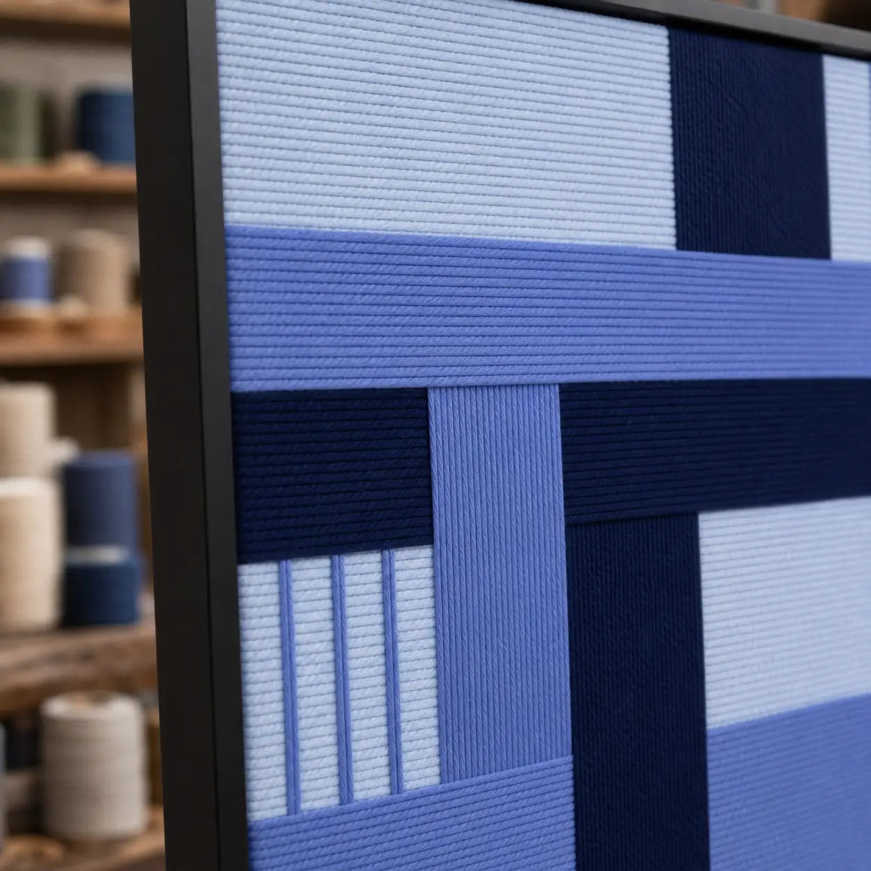 Angled close-up of the framed wall art, showcasing the deep black frame and the raised dimensional texture of the blue wool threads.