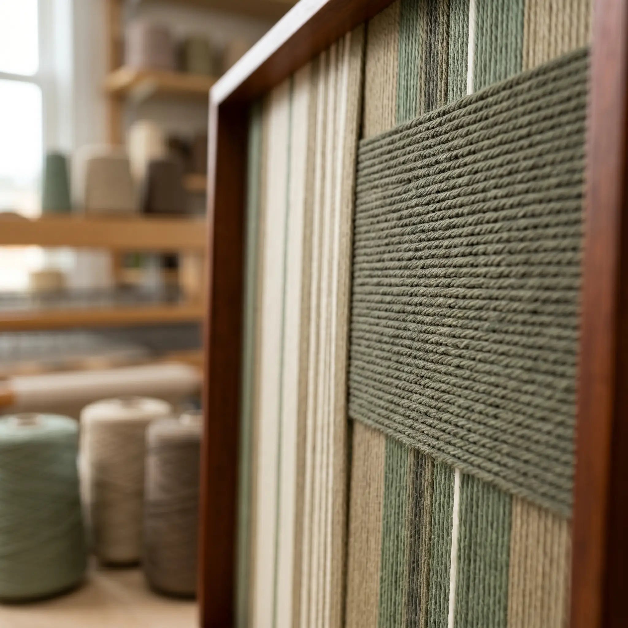 Angled close-up of the framed Olive Solitude hand-woven tapestry showcasing the raised dark green patch against striped beige and light green wool in a wooden frame.