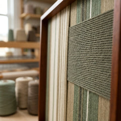 Angled close-up of the framed Olive Solitude hand-woven tapestry showcasing the raised dark green patch against striped beige and light green wool in a wooden frame.