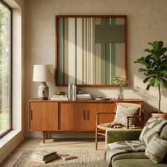 Framed Olive Solitude textile wall art displayed in a bright living room, hanging above a wooden sideboard next to a cozy green armchair.