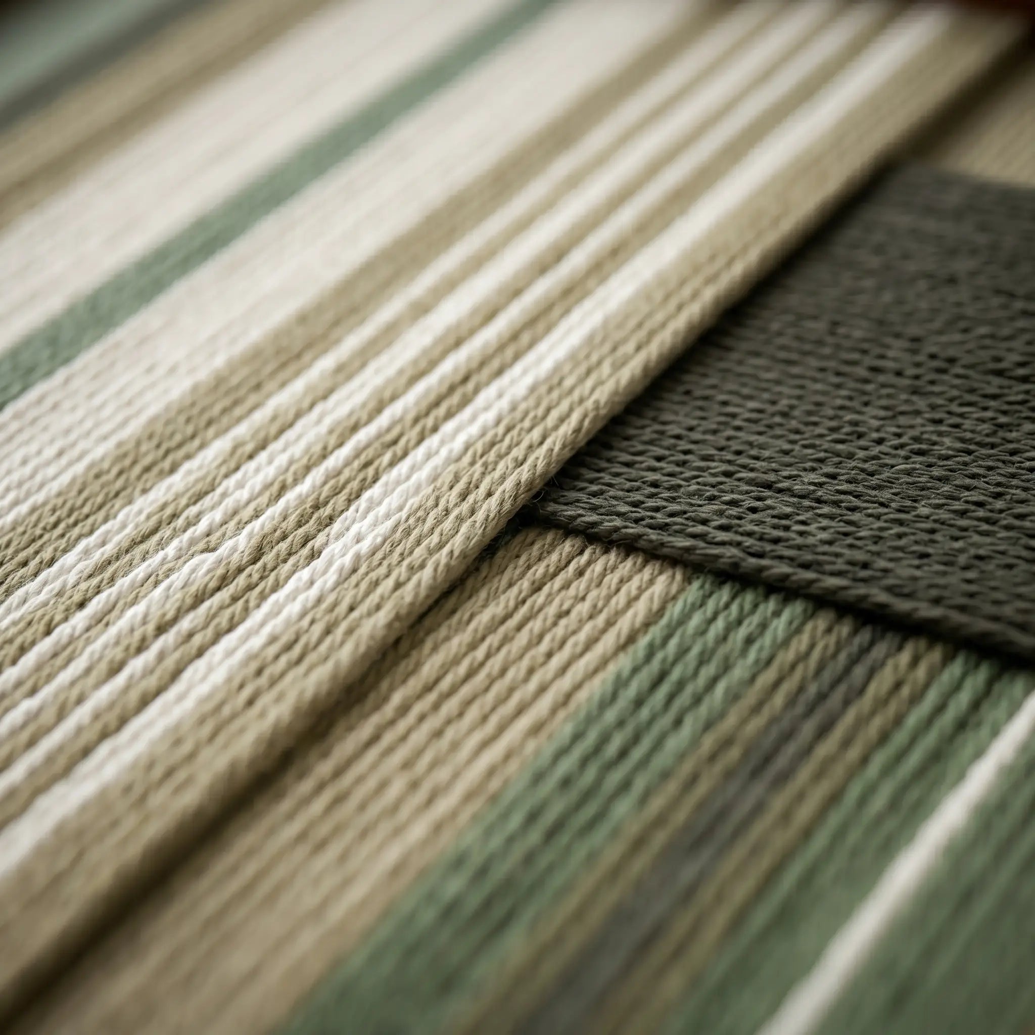 Extreme macro close-up of the Olive Solitude hand-woven textile art lying flat, highlighting the textured dark olive patch over green and beige yarn stripes.