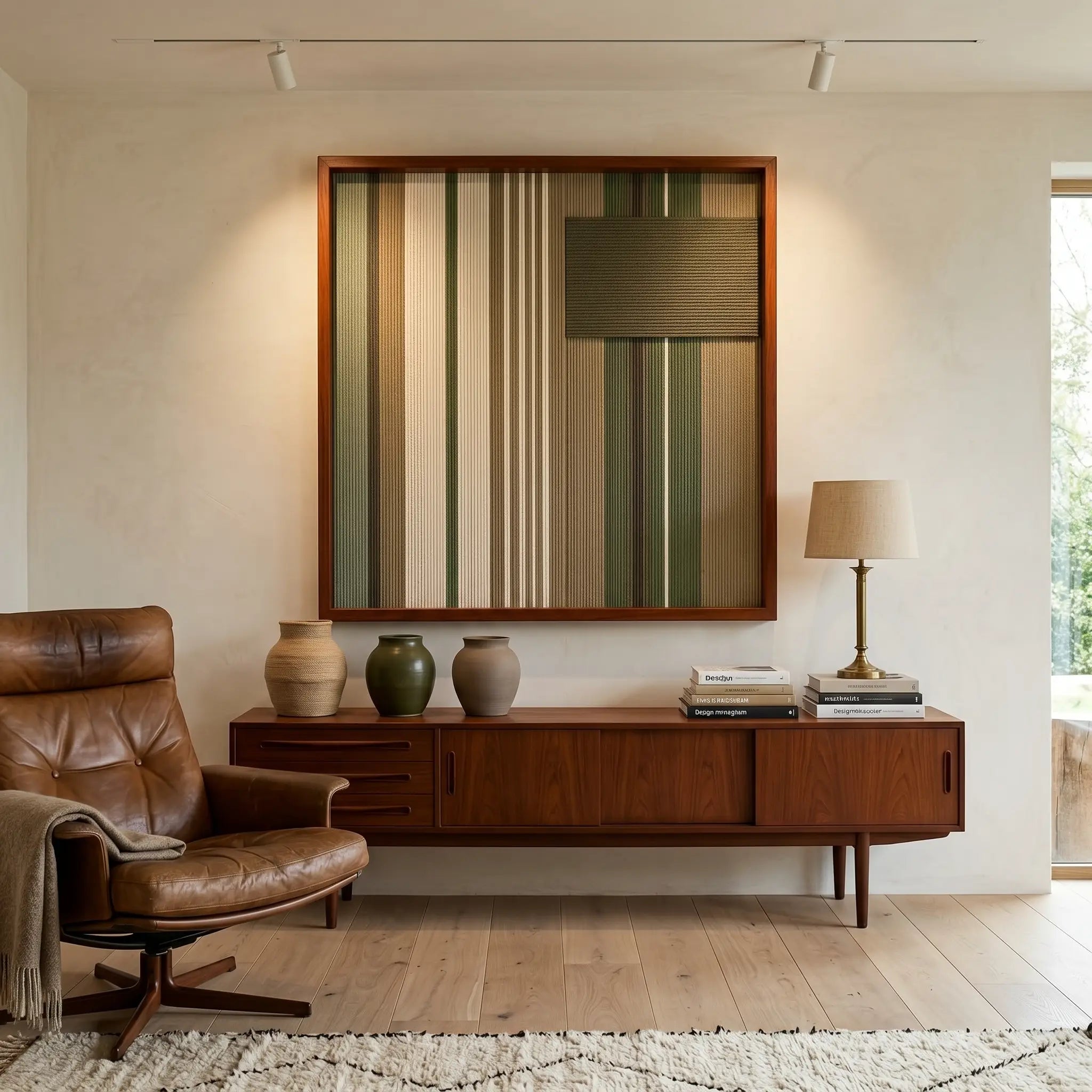 Large square Olive Solitude hand-woven wall art hanging elegantly above a mid-century dark wood credenza next to a brown leather lounge chair.