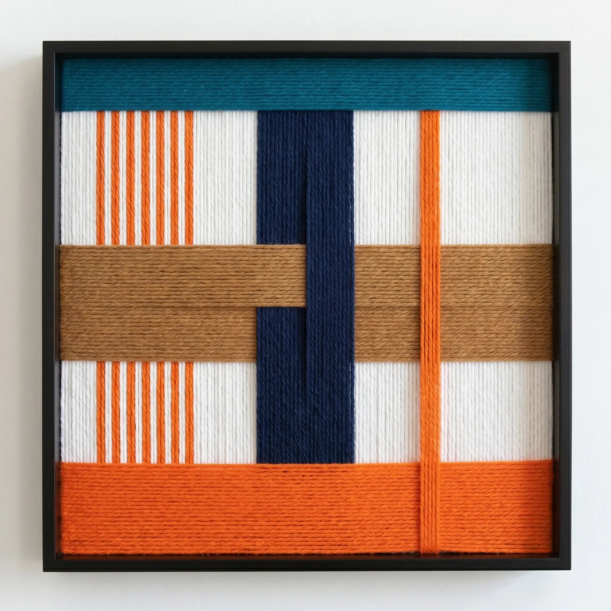 Frontal studio shot of the "Orange Midsummer" hand-woven wool wall art in a square black frame against a clean white background.