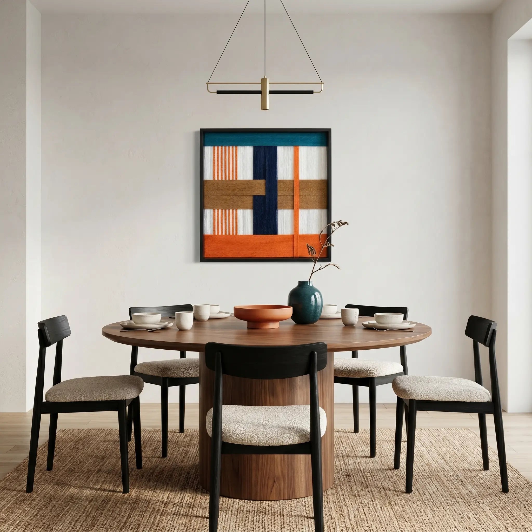 Modern orange and navy fiber wall art styled in a contemporary dining room with a round wooden table and minimalist chairs.