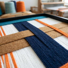 Macro close-up of the textured fiber wall art in a studio, highlighting the interlocking navy, orange, and tan hand-wrapped yarn patterns.