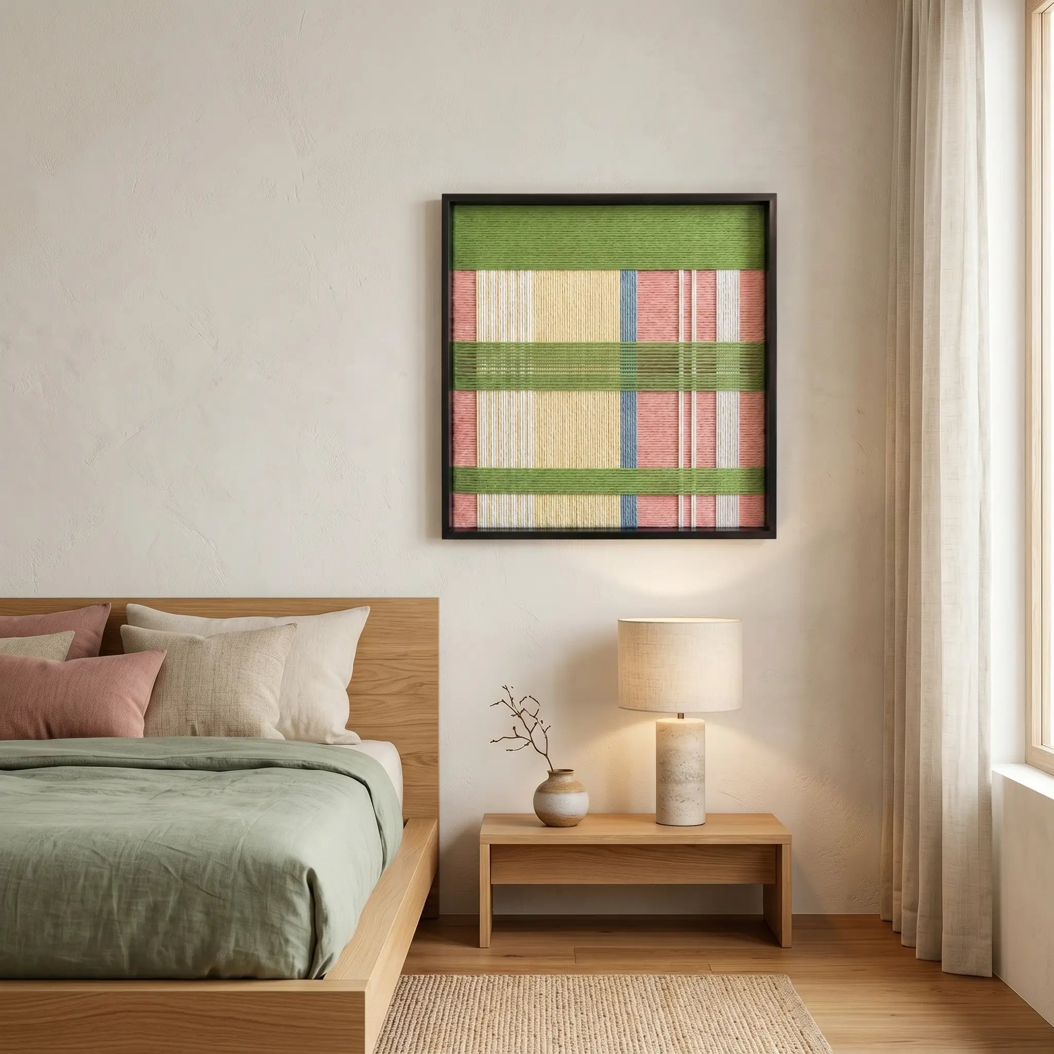 Framed pastel green and pink wool wall art styled in a cozy bedroom as a focal point above a wooden bed frame.