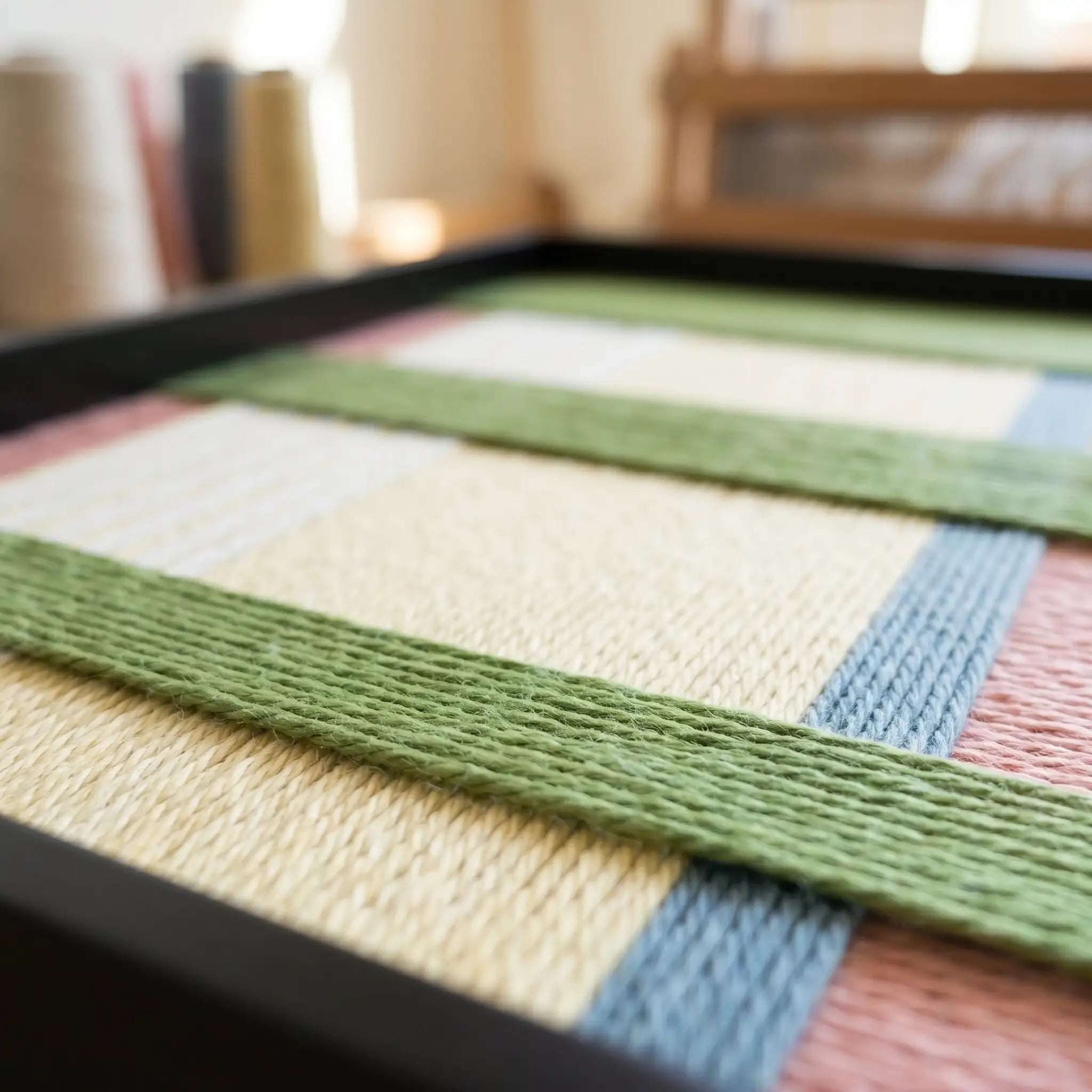Low-angle close-up of the framed fiber wall art in a studio setting, showcasing the dimensional depth and structural multi-directional layering of the yarn.