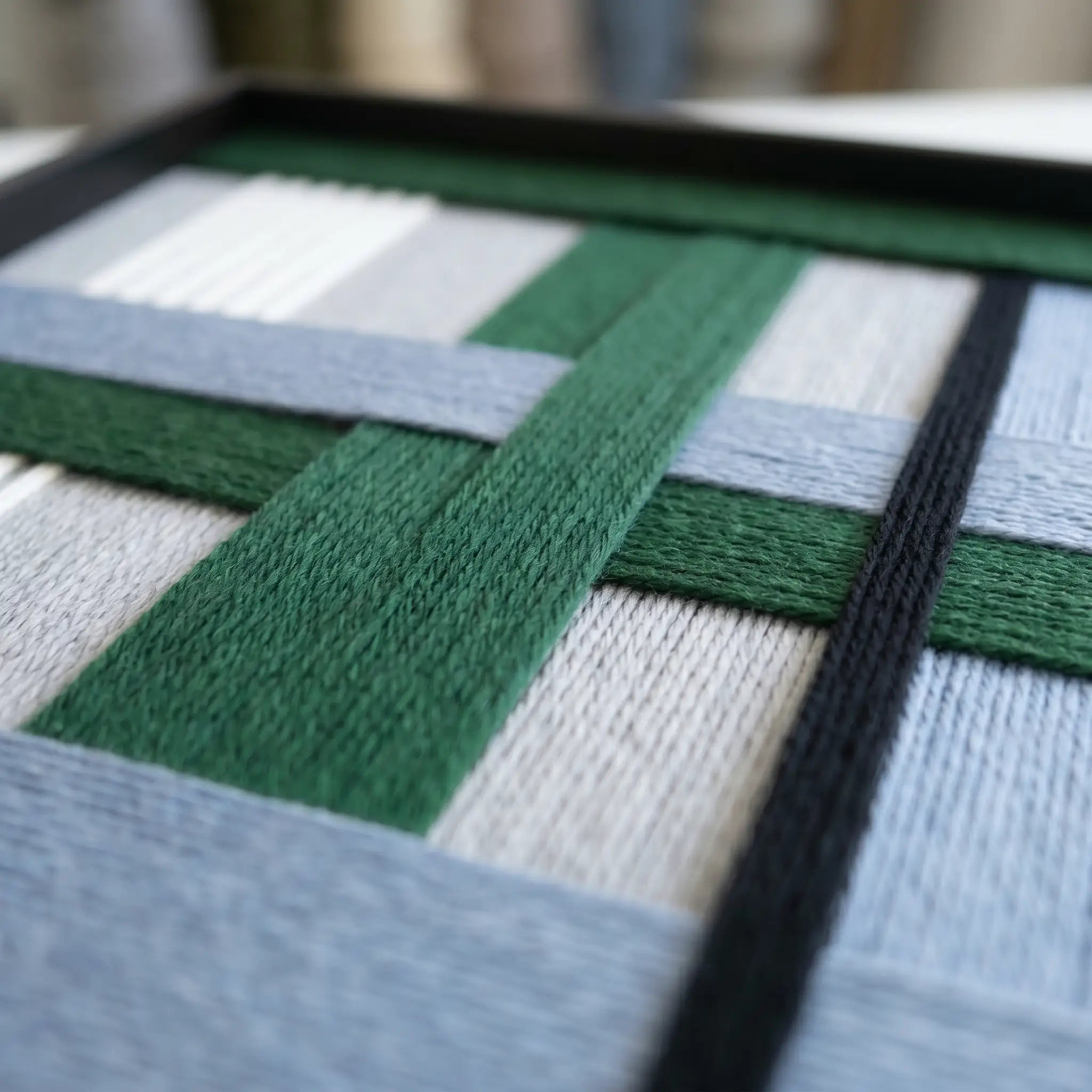 An angled perspective of the textured fiber wall art showing the three-dimensional depth of the interlocking woven wool blocks.