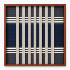 Frontal studio shot of the Polar Meridian square hand-woven textile wall art featuring navy blue geometric blocks and crisp white vertical stripes in a wooden frame.