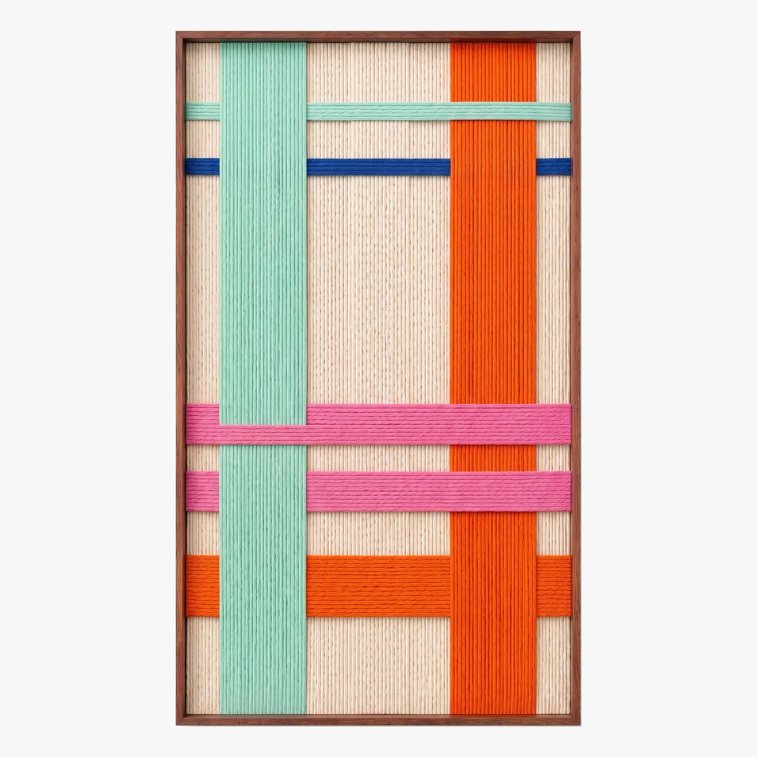 Full product shot of the hand-woven wool wall art in a sleek metal frame, highlighting its geometric pattern of cream, teal, orange, and pink yarn structures.