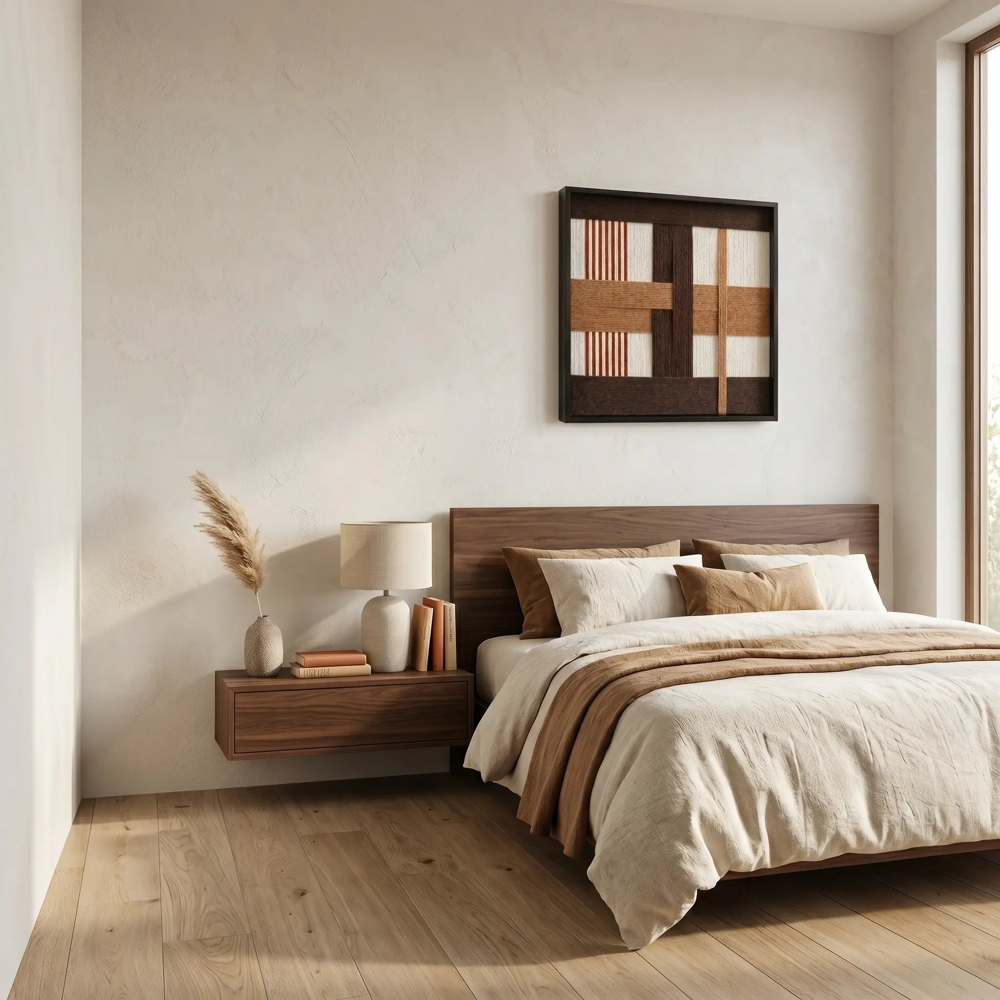Framed earth-toned wool art hanging in a serene bedroom above a floating nightstand and a bed with neutral linens.