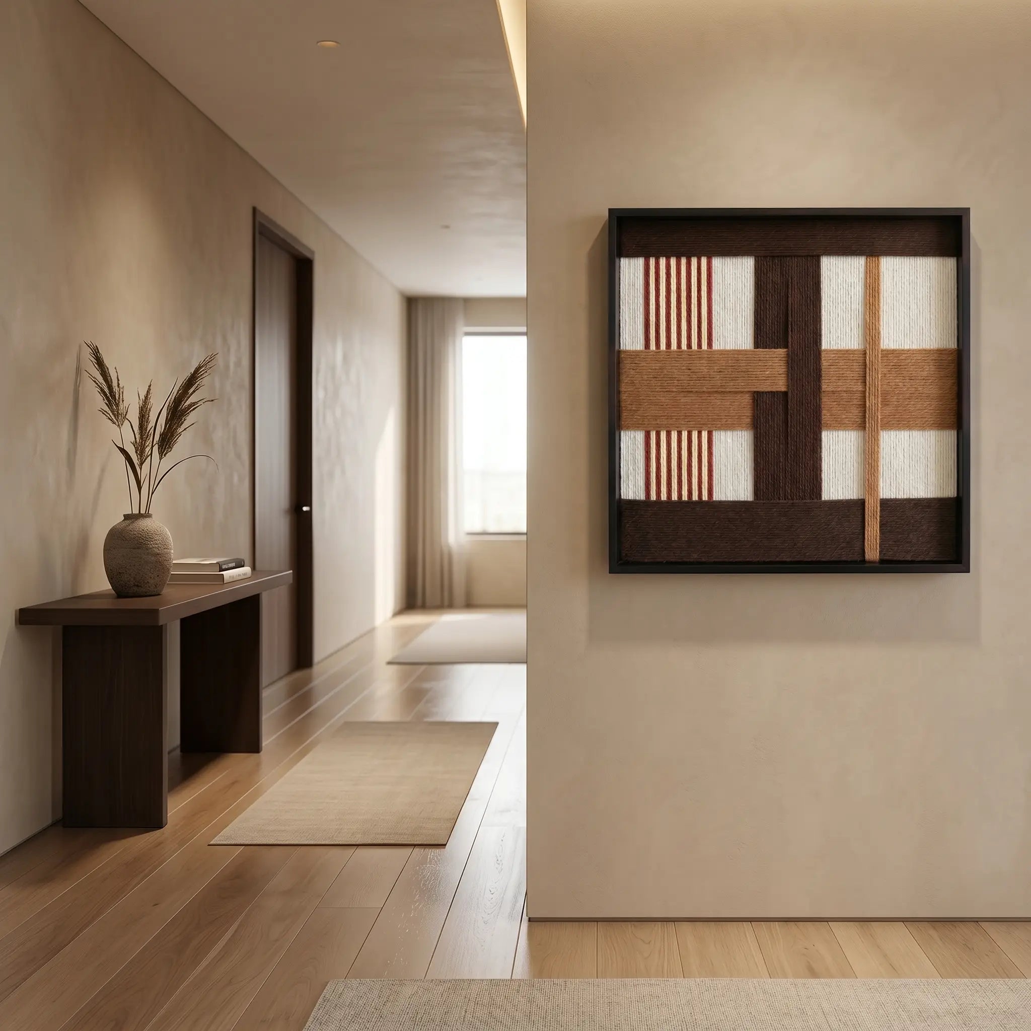 Textured wool wall art creating a sophisticated focal point in a minimalist entryway with light oak flooring and neutral walls.