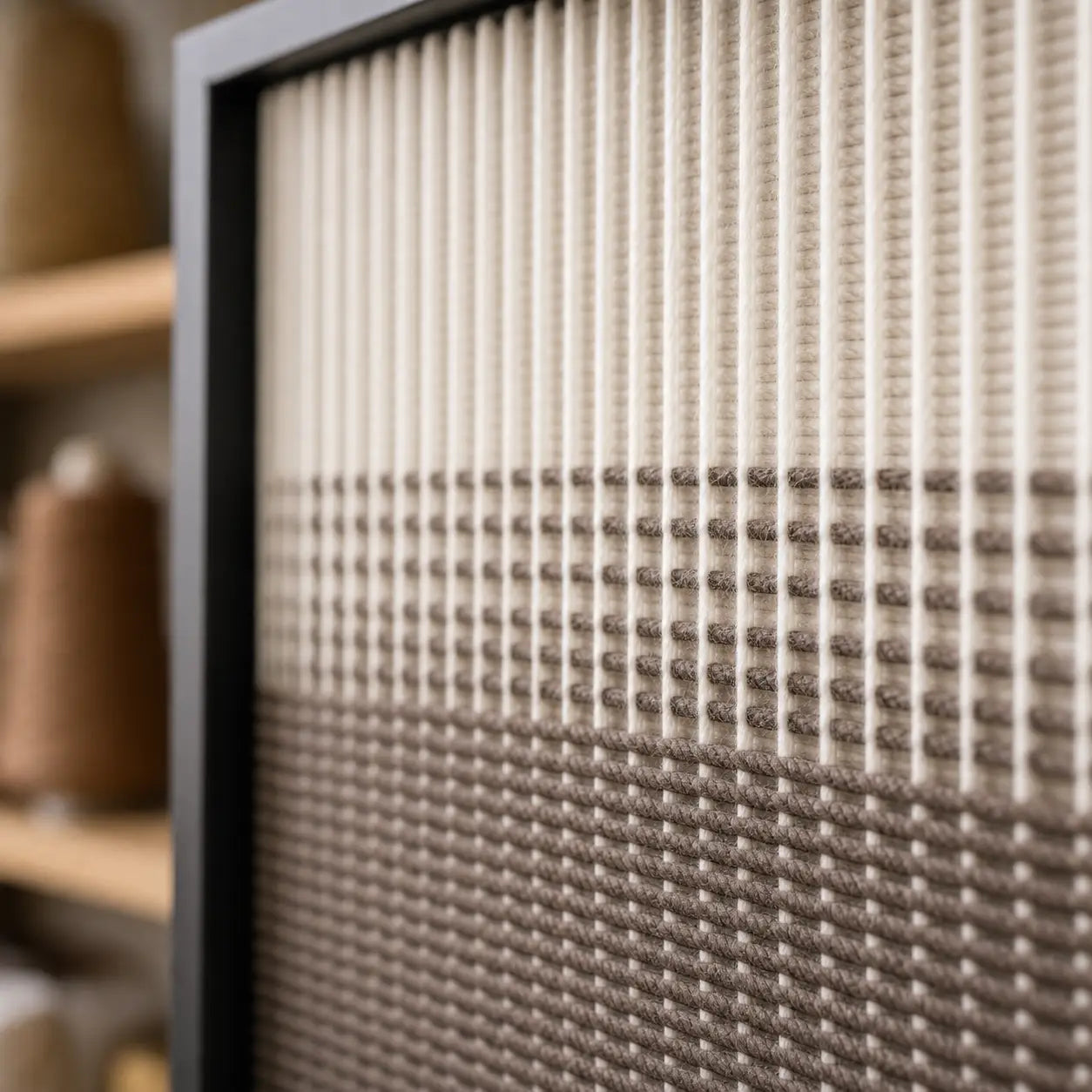 Angled close-up of the black frame and dimensional cream to brown gradient in this hand-woven wool tapestry.