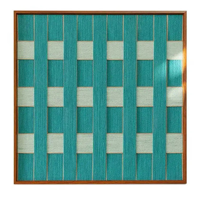 Direct front view of Reef Echoes hand-woven wool tapestry showcasing the intricate teal fiber textures and high-quality wooden frame.