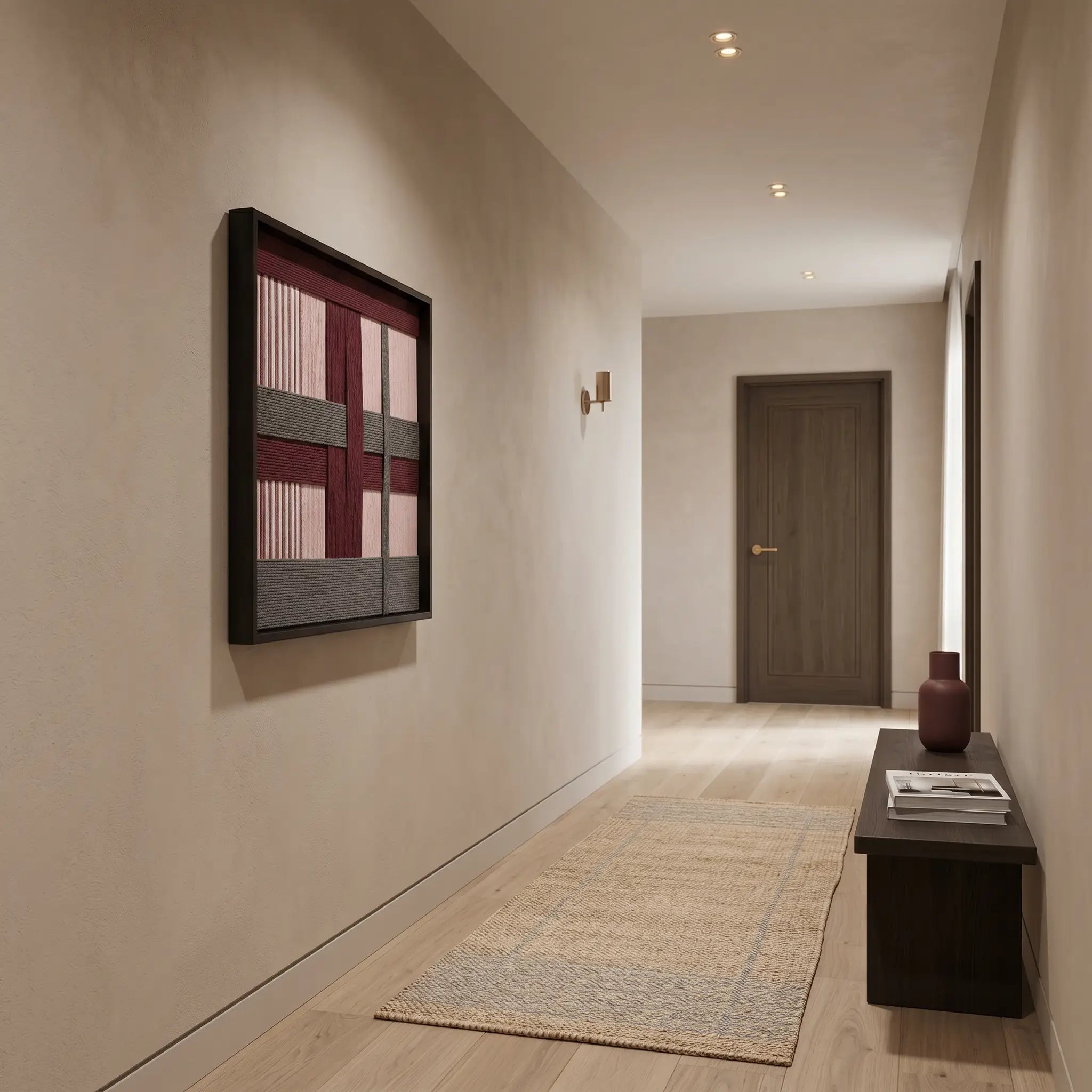 Modern pink and burgundy wool wall art displayed as a sophisticated focal point in a minimalist hallway with warm lighting.