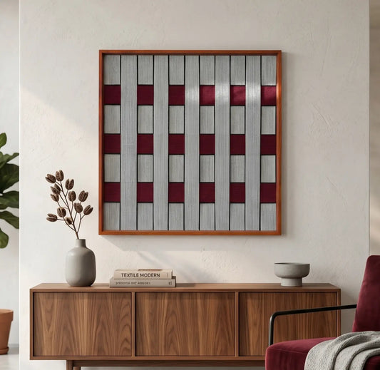 Square grey and ruby red textured fiber art displayed as a focal point in a modern living space above a walnut wood sideboard.