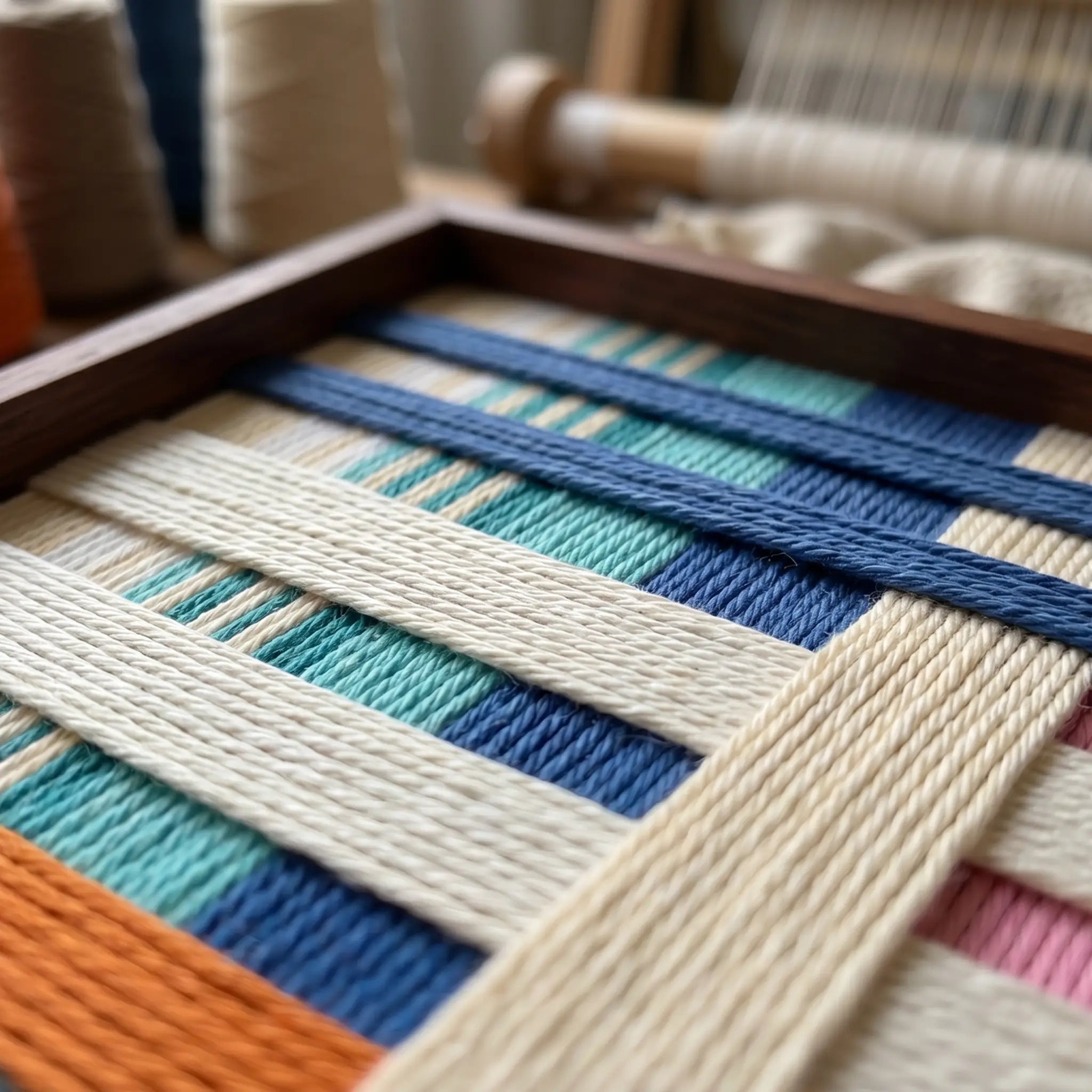 Angled macro shot of the Scale of Joy fiber art highlighting the intricate hand-wrapped teal, blue, and cream wool yarn layers in a wooden frame.