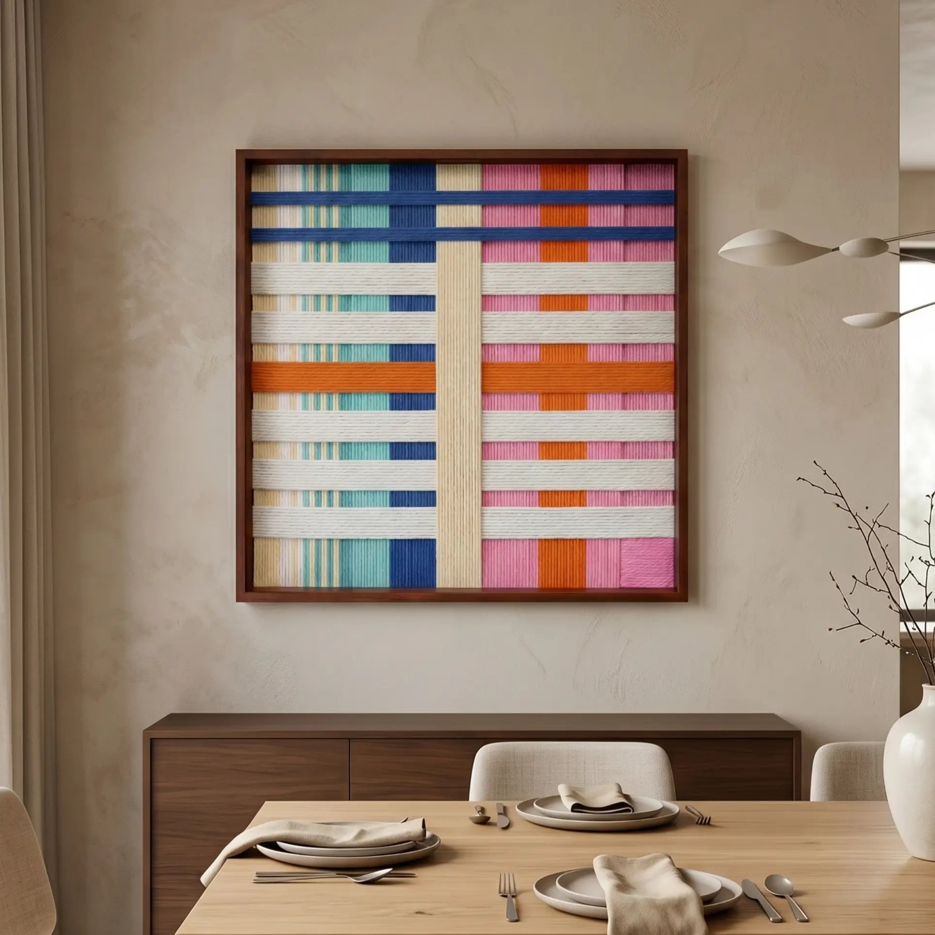 Frontal studio shot of the Scale of Joy hand-woven wool wall art featuring colorful pink, orange, and blue geometric patterns in a wooden frame against a clean white background.