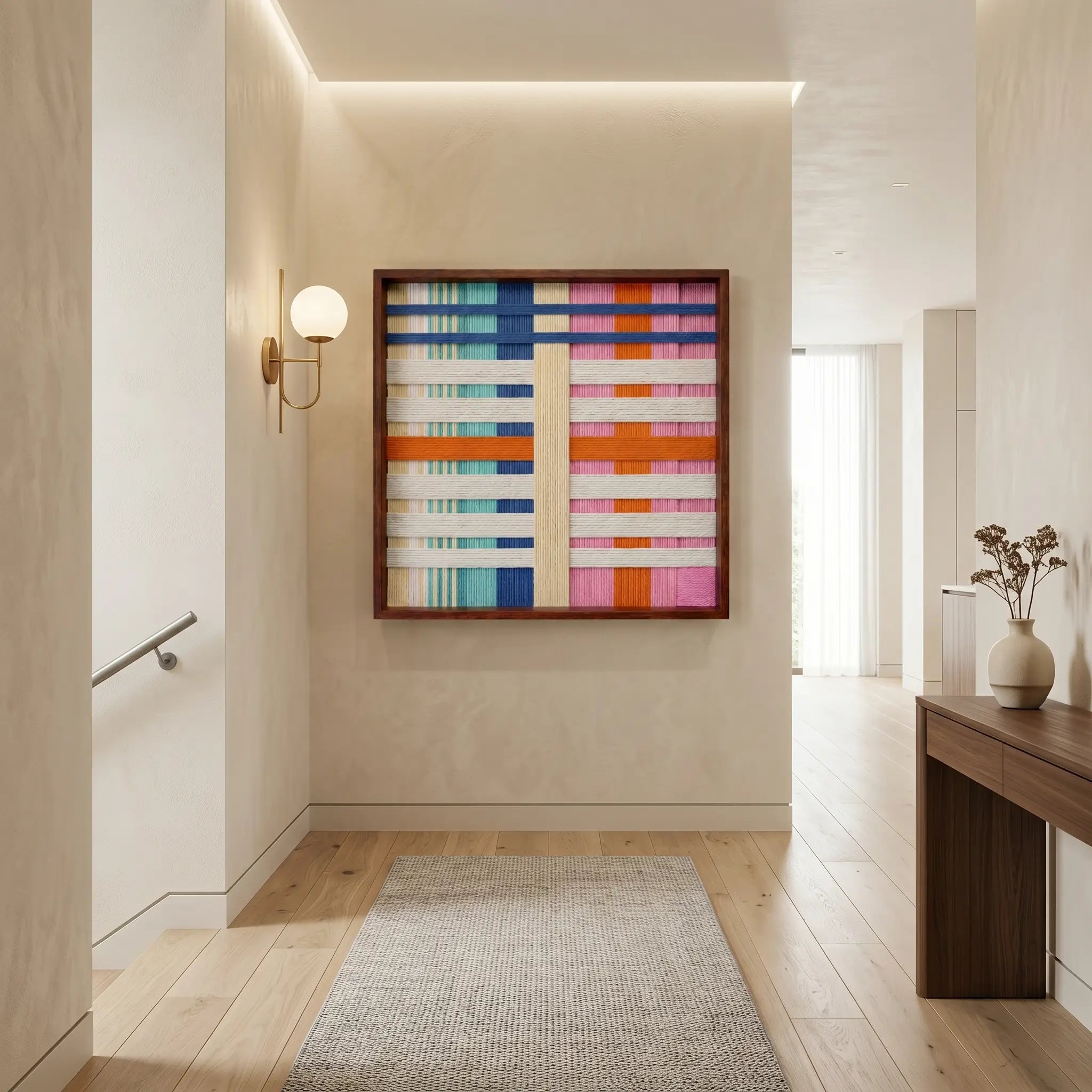 Colorful textured fiber wall art hanging above a dark wood credenza in an elegant dining space with natural light.