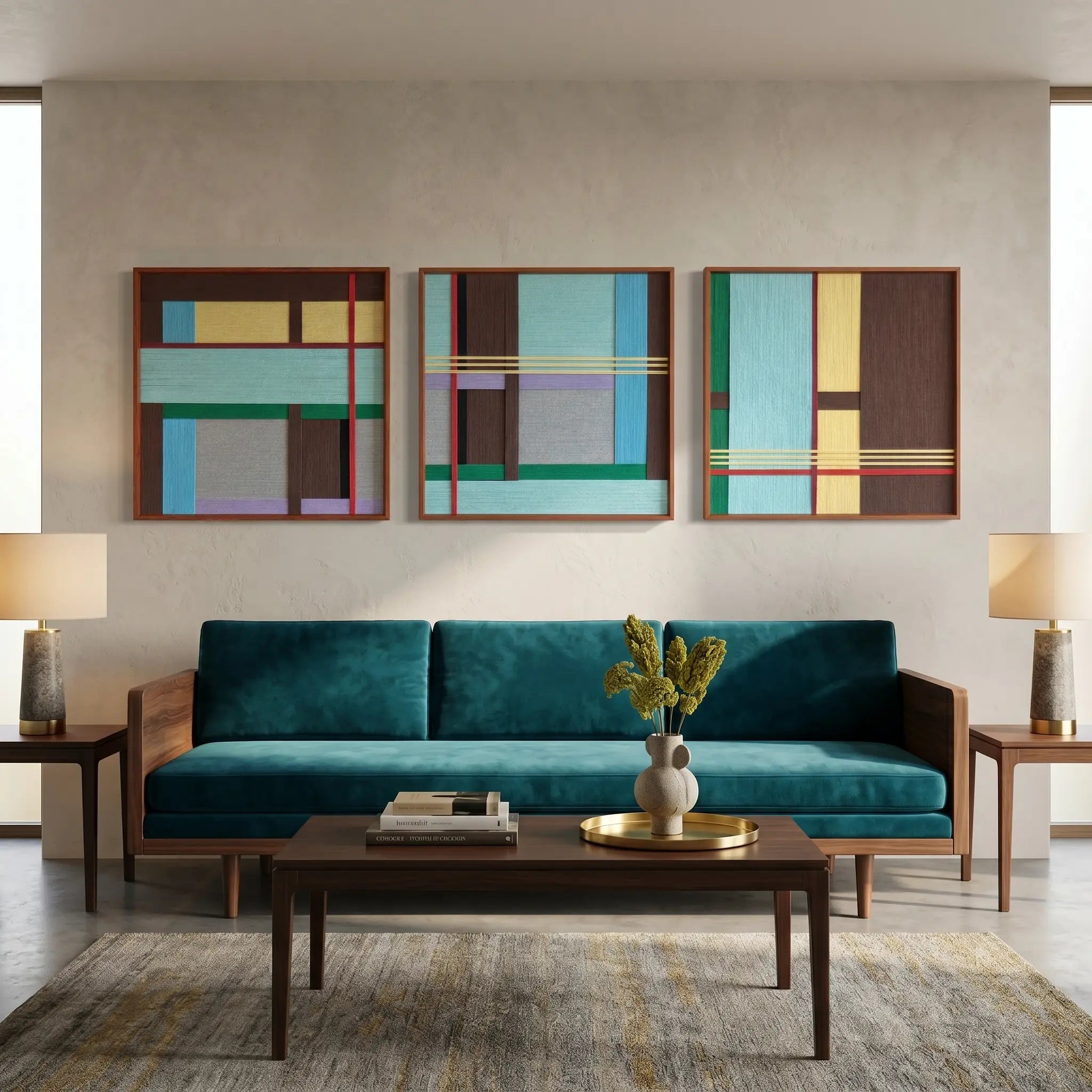 Three-piece woven textile wall art set creating a stunning focal point in a contemporary living room above a teal velvet sofa.