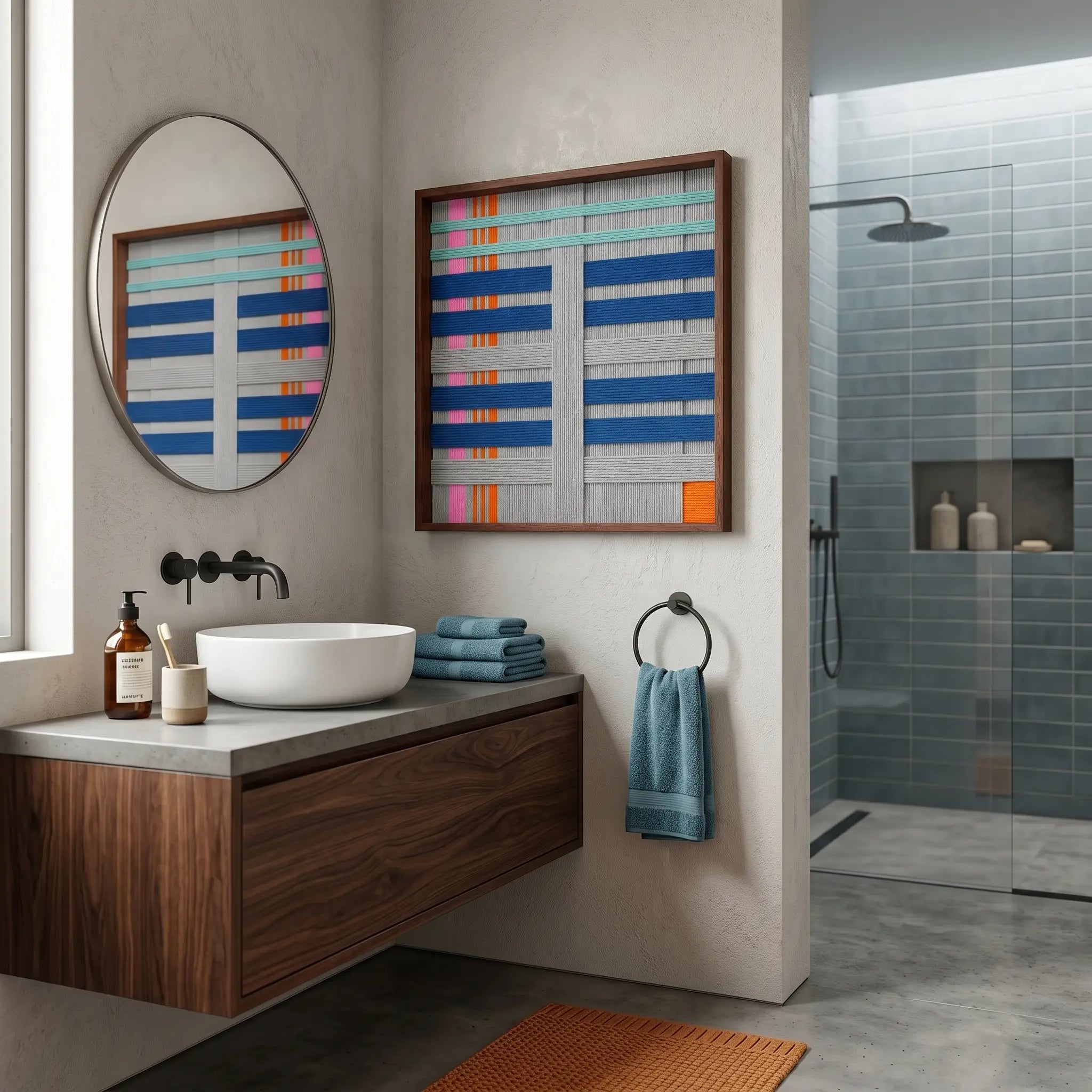 Vibrant framed hand-woven wool tapestry displayed in a modern luxury bathroom above a floating wooden vanity with a circular mirror.