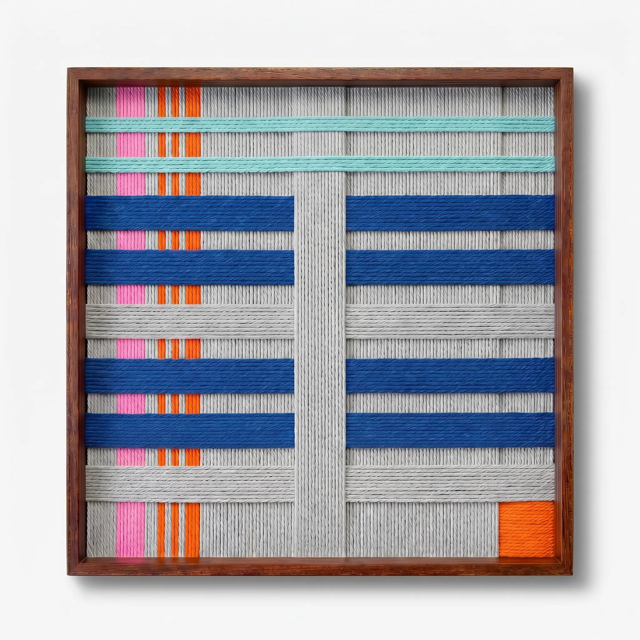 Frontal studio shot of the Silent Dopamine hand-woven wool wall art featuring colorful blue and orange geometric patterns in a wooden frame against a clean white background.