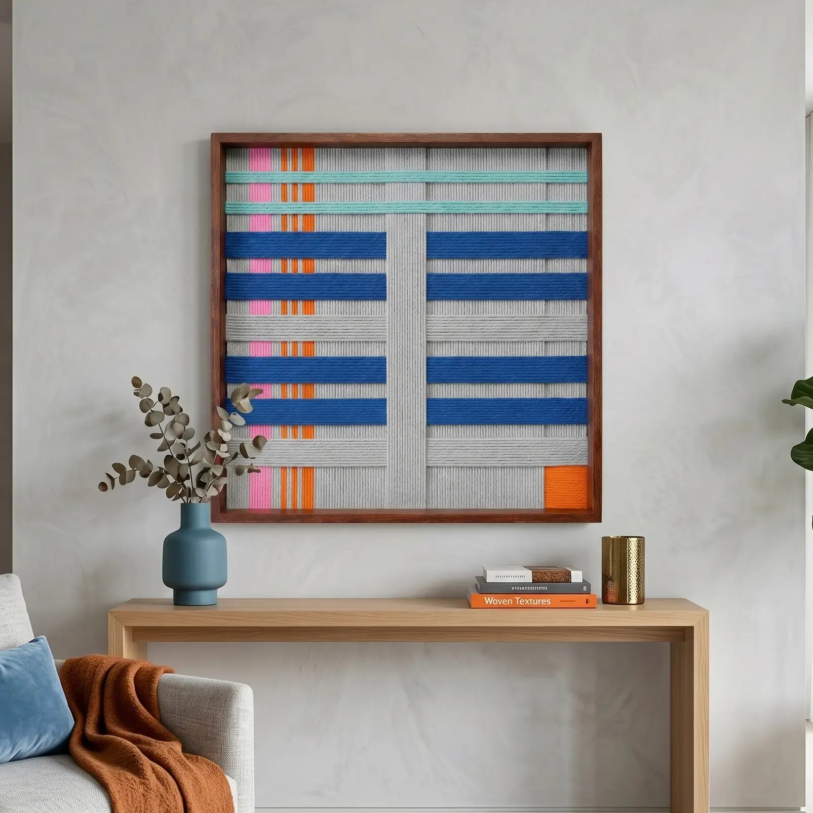 Framed Silent Dopamine textured wool wall art styled above a light oak console table with a blue vase in a minimalist entryway.